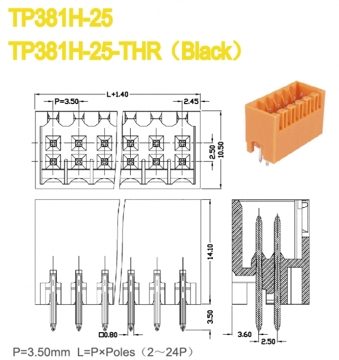 Pluggable Terminal Block Header Male Sockets Pitch 3.50mm 150V 8A 2*2P 24*2P Plugin Terminal