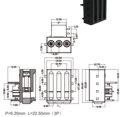 Pitch 6.2mm PCB Terminal Block Brass 300V 15A 3 Poles PA66 UL94-V0
