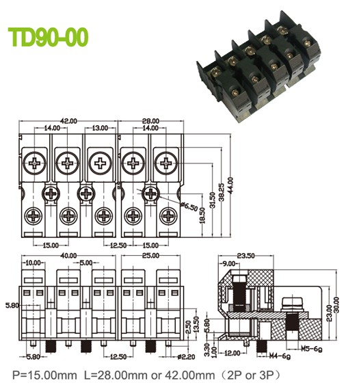Feed Through Panel Mount Terminal Block Connector Pitch 15.0mm , 2P