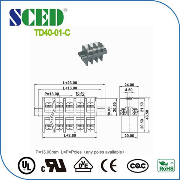 Pitch 13mm Panel Mount Terminal Block PC Black For Electric Lighting
