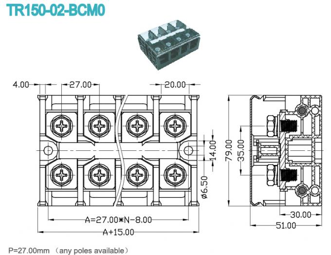 27.0mm Panel Mount High Current Terminal Block High Voltage