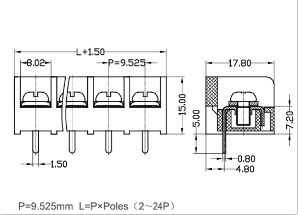 Terminal Block Spacing Spacing 9.52mm Barrier Terminal Block 300V 20A 2-24 Poles Right Angle ...