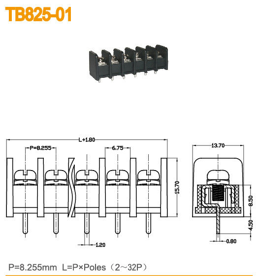 8.255mm Pitch Barrier Terminal Block 2-32 Poles 300V/20A M3 Screw