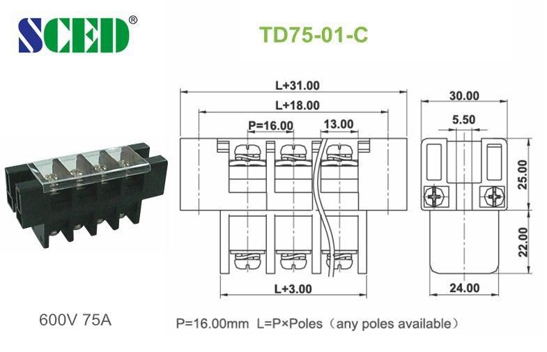 Power Distribution Terminal Block Connector 16.00mm Electrical Brass Conduction Board