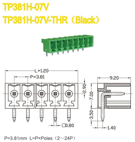 Brass Male Plug in Terminal Block Right Angle 3.81mm Pitch 300V/8A 2-24P