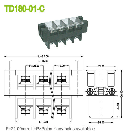 180A Panel Mount Terminal Block 21mm Perforation Feed Through with Plastic Cover