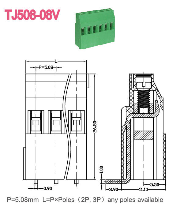 Euro Type PCB Screw Type Terminal Block 300V 15A Green 5.08mm Pitch Brass