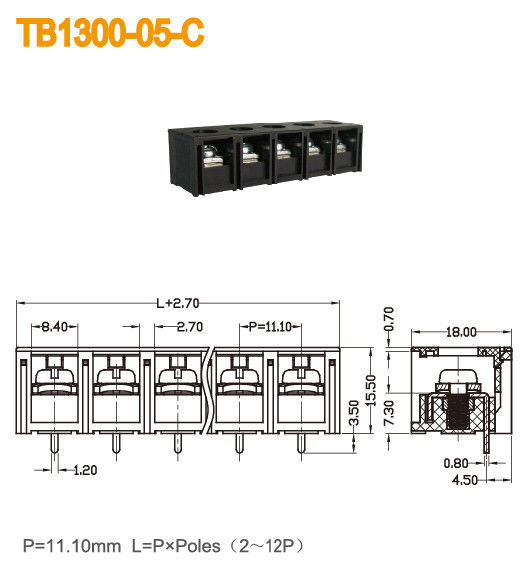 Black 40A Barrier Terminal Block For Power Cover 2-18 Poles / M4 Screw Brass PBT