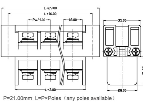 Feed Through 180A Panel Mount Terminal Block 21mm Perforation With Plastic Cover