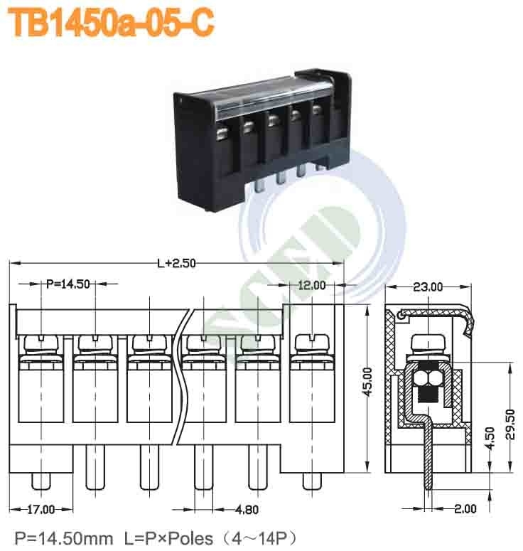 Pitch 14.50mm 600V 57A 4-14P Barrier Terminal Block Connector PBT M5 22-6 AWG Power Terminal Block