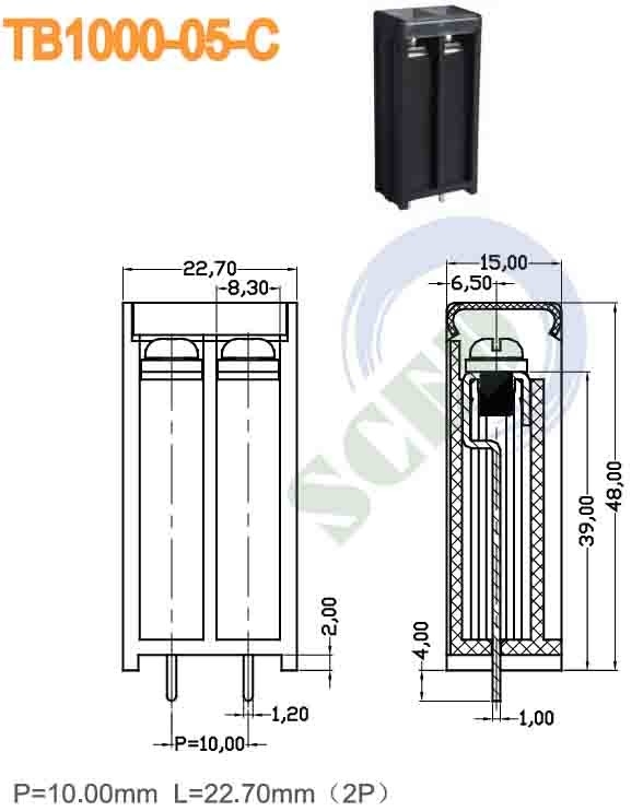 10.00mm Barrier Type Terminal Block 20A 300V Plastic Black 2 Poles